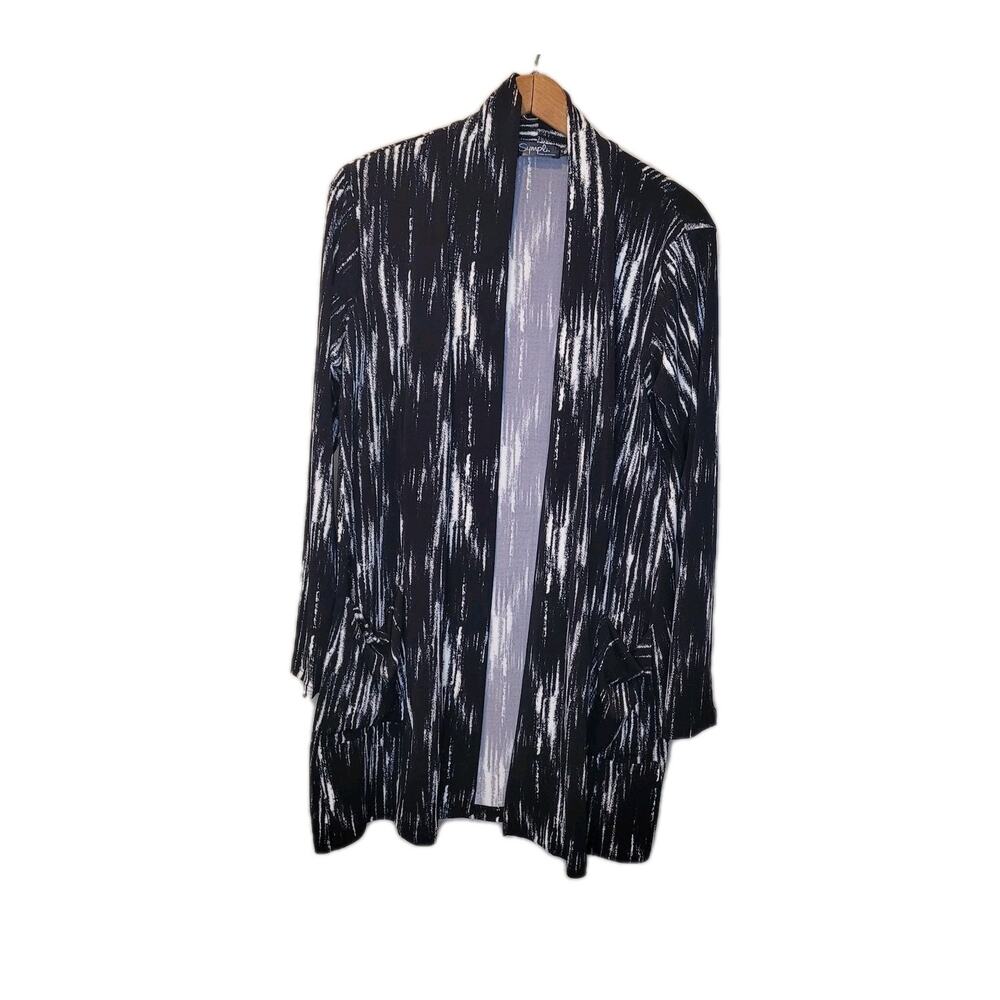 Sympli Black Printed Open Tunic Cardigan Size 10 Pockets Stretch Lagenlook Artsy